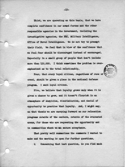 Transcript, press conference of Dillon S. Myer, Washington, DC, May 14, 1943. Papers of Dillon S. Myer.