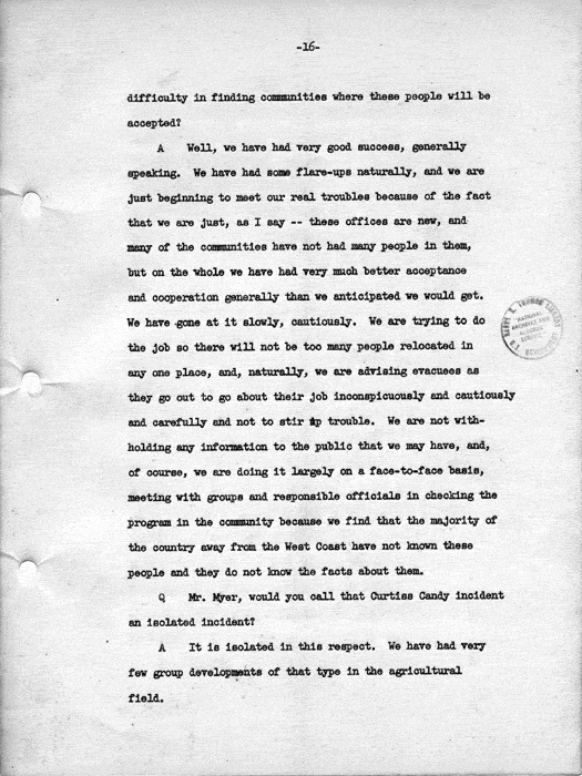 Transcript, press conference of Dillon S. Myer, Washington, DC, May 14, 1943. Papers of Dillon S. Myer.