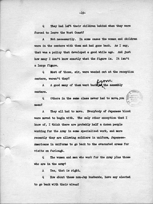 Transcript, press conference of Dillon S. Myer, Washington, DC, May 14, 1943. Papers of Dillon S. Myer.