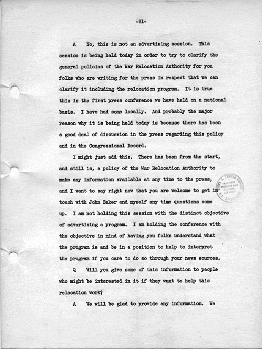 Transcript, press conference of Dillon S. Myer, Washington, DC, May 14, 1943. Papers of Dillon S. Myer.