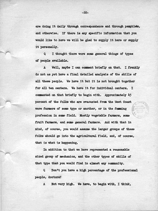 Transcript, press conference of Dillon S. Myer, Washington, DC, May 14, 1943. Papers of Dillon S. Myer.