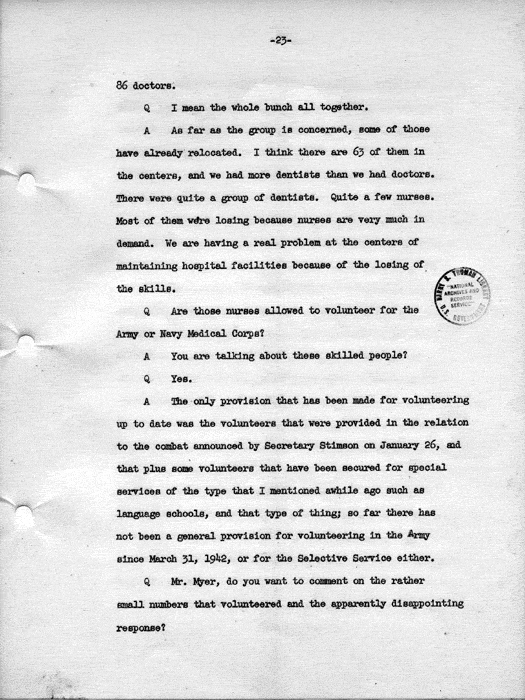 Transcript, press conference of Dillon S. Myer, Washington, DC, May 14, 1943. Papers of Dillon S. Myer.