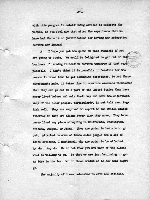 Transcript, press conference of Dillon S. Myer, Washington, DC, May 14, 1943. Papers of Dillon S. Myer.