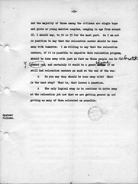 Transcript, press conference of Dillon S. Myer, Washington, DC, May 14, 1943. Papers of Dillon S. Myer.