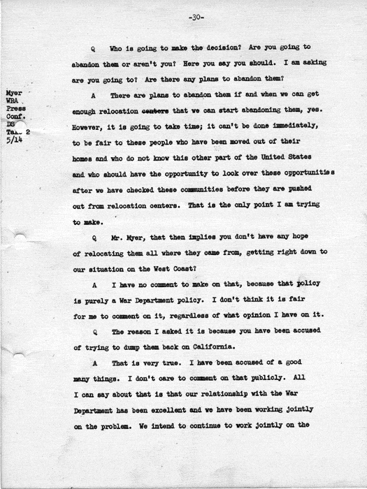 Transcript, press conference of Dillon S. Myer, Washington, DC, May 14, 1943. Papers of Dillon S. Myer.