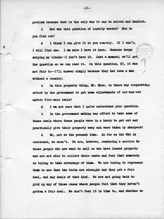 Transcript, press conference of Dillon S. Myer, Washington, DC, May 14, 1943. Papers of Dillon S. Myer.