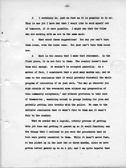 Transcript, press conference of Dillon S. Myer, Washington, DC, May 14, 1943. Papers of Dillon S. Myer.