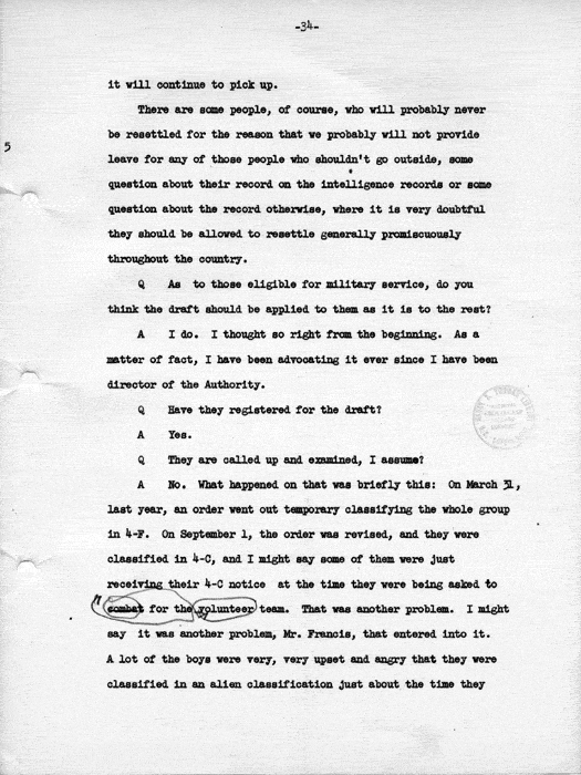 Transcript, press conference of Dillon S. Myer, Washington, DC, May 14, 1943. Papers of Dillon S. Myer.