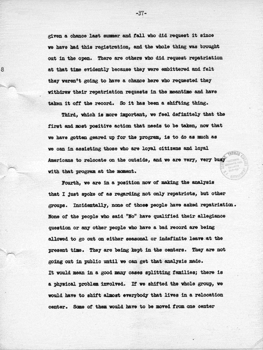 Transcript, press conference of Dillon S. Myer, Washington, DC, May 14, 1943. Papers of Dillon S. Myer.