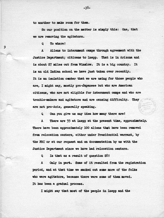 Transcript, press conference of Dillon S. Myer, Washington, DC, May 14, 1943. Papers of Dillon S. Myer.