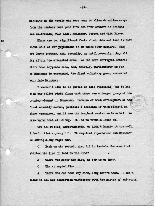 Transcript, press conference of Dillon S. Myer, Washington, DC, May 14, 1943. Papers of Dillon S. Myer.