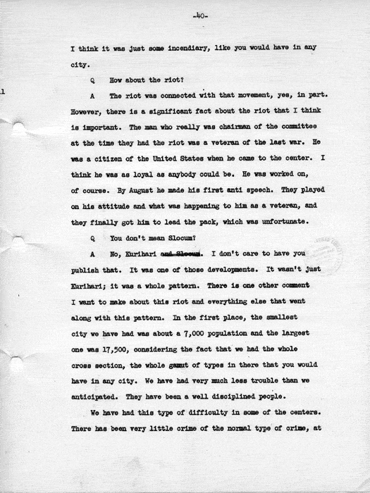 Transcript, press conference of Dillon S. Myer, Washington, DC, May 14, 1943. Papers of Dillon S. Myer.