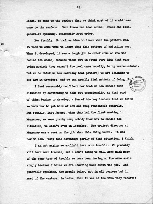 Transcript, press conference of Dillon S. Myer, Washington, DC, May 14, 1943. Papers of Dillon S. Myer.