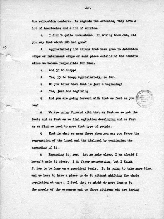 Transcript, press conference of Dillon S. Myer, Washington, DC, May 14, 1943. Papers of Dillon S. Myer.