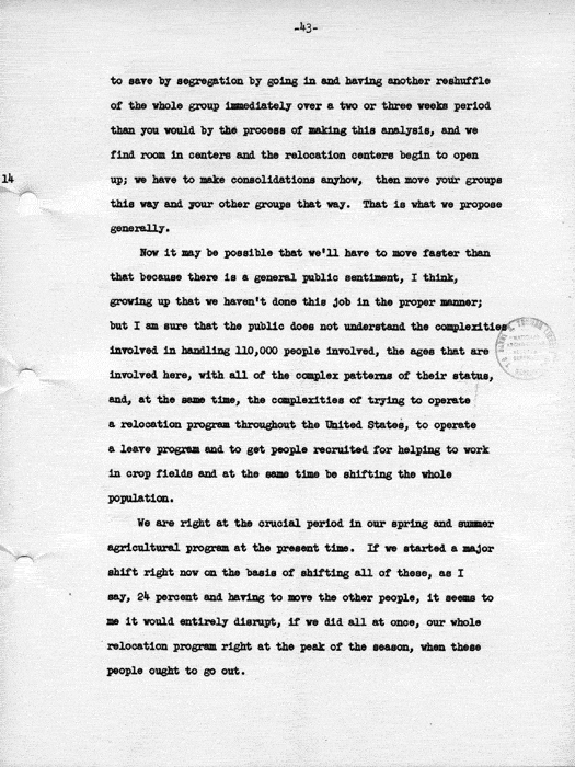 Transcript, press conference of Dillon S. Myer, Washington, DC, May 14, 1943. Papers of Dillon S. Myer.