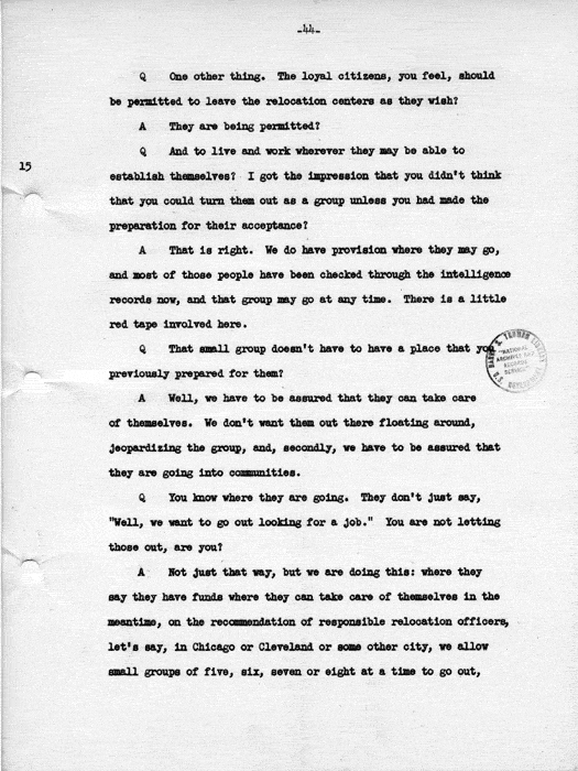 Transcript, press conference of Dillon S. Myer, Washington, DC, May 14, 1943. Papers of Dillon S. Myer.