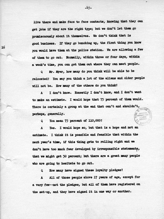 Transcript, press conference of Dillon S. Myer, Washington, DC, May 14, 1943. Papers of Dillon S. Myer.