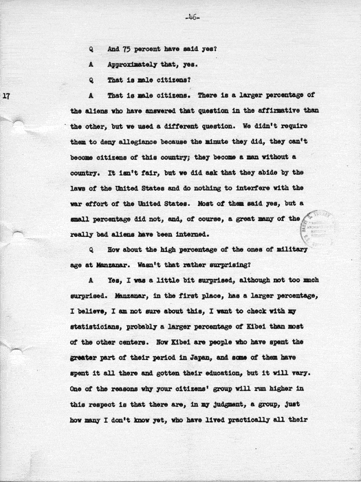 Transcript, press conference of Dillon S. Myer, Washington, DC, May 14, 1943. Papers of Dillon S. Myer.