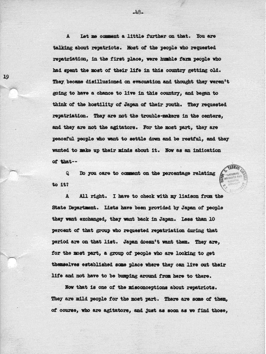 Transcript, press conference of Dillon S. Myer, Washington, DC, May 14, 1943. Papers of Dillon S. Myer.