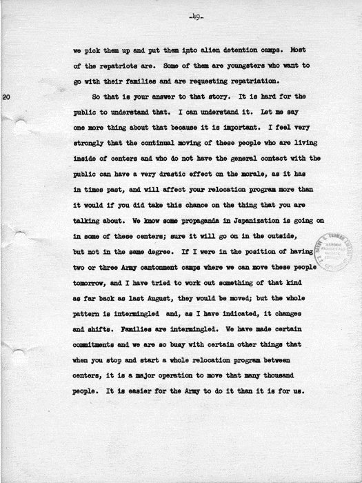 Transcript, press conference of Dillon S. Myer, Washington, DC, May 14, 1943. Papers of Dillon S. Myer.