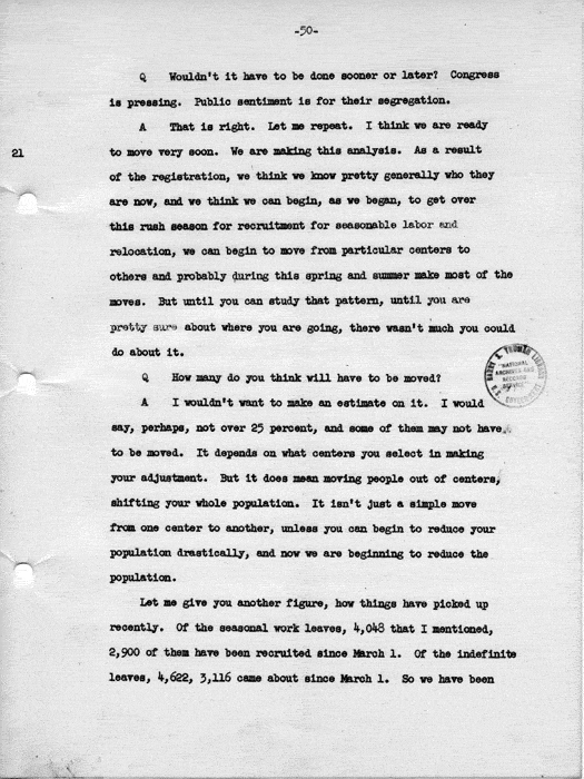 Transcript, press conference of Dillon S. Myer, Washington, DC, May 14, 1943. Papers of Dillon S. Myer.