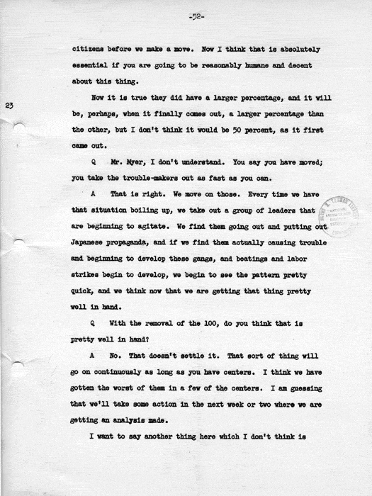 Transcript, press conference of Dillon S. Myer, Washington, DC, May 14, 1943. Papers of Dillon S. Myer.