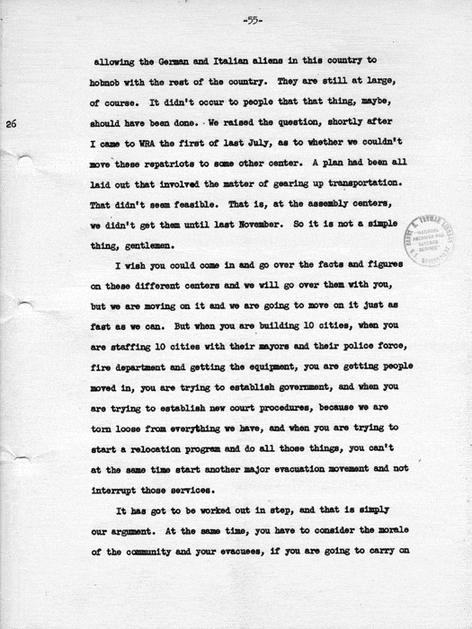 Transcript, press conference of Dillon S. Myer, Washington, DC, May 14, 1943. Papers of Dillon S. Myer.