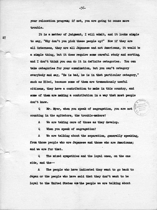 Transcript, press conference of Dillon S. Myer, Washington, DC, May 14, 1943. Papers of Dillon S. Myer.