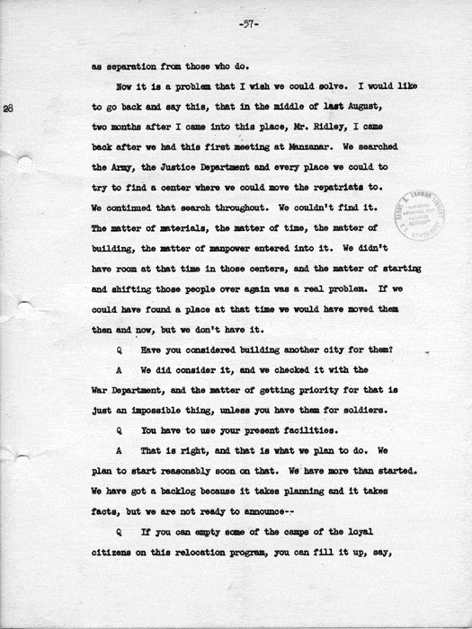 Transcript, press conference of Dillon S. Myer, Washington, DC, May 14, 1943. Papers of Dillon S. Myer.