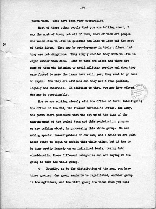 Transcript, press conference of Dillon S. Myer, Washington, DC, May 14, 1943. Papers of Dillon S. Myer.