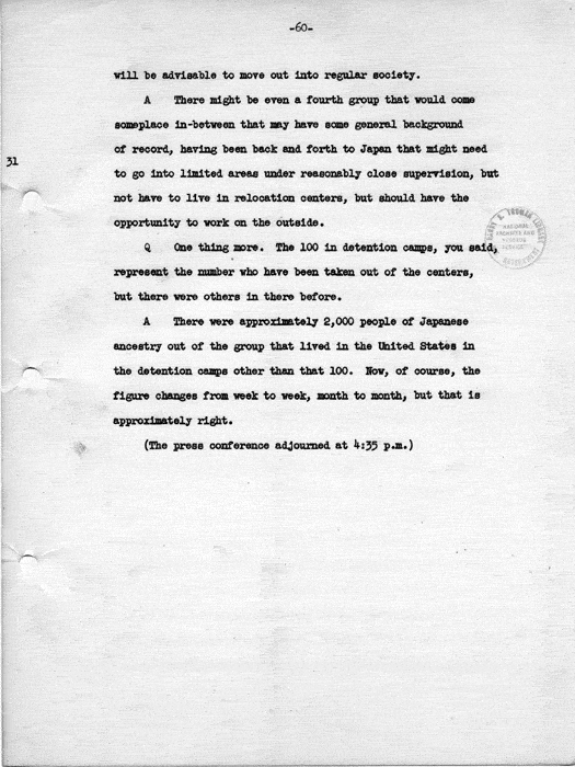 Transcript, press conference of Dillon S. Myer, Washington, DC, May 14, 1943. Papers of Dillon S. Myer.