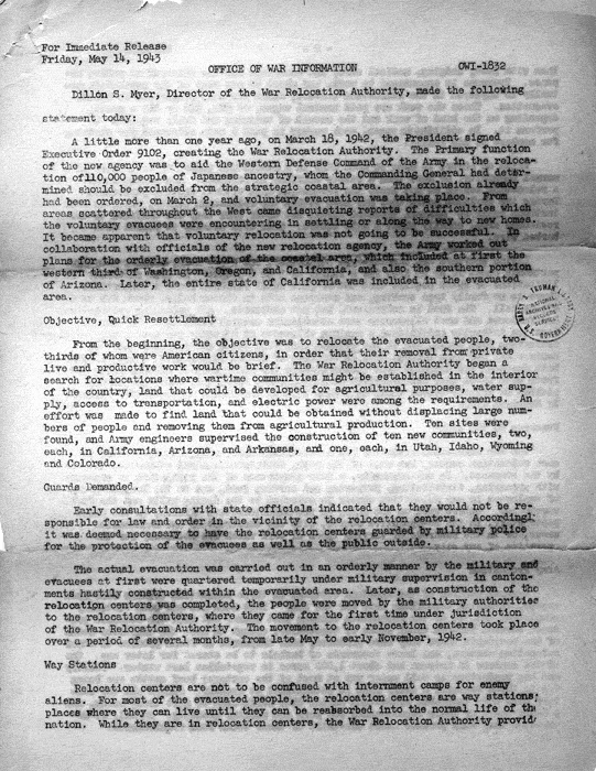 News release, statement by Dillon S. Myer, May 14, 1943. Papers of Philleo Nash. 