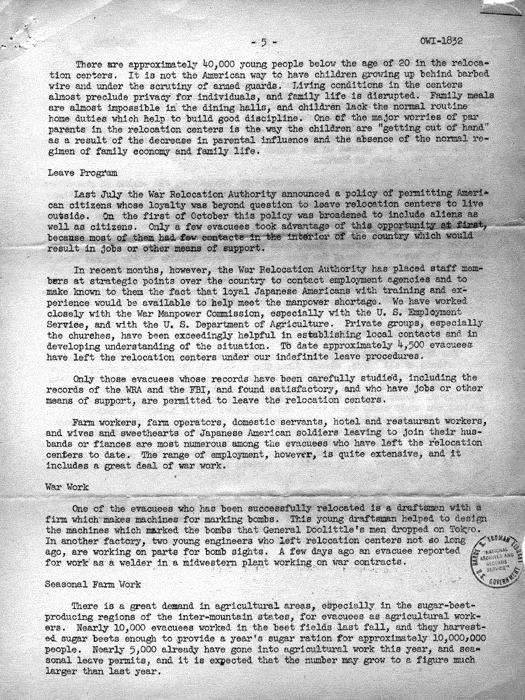 News release, statement by Dillon S. Myer, May 14, 1943. Papers of Philleo Nash. 