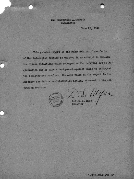 Report, Army and Leave Clearance Registration at War Relocation Centers, June 1943. Papers of Philleo Nash. 