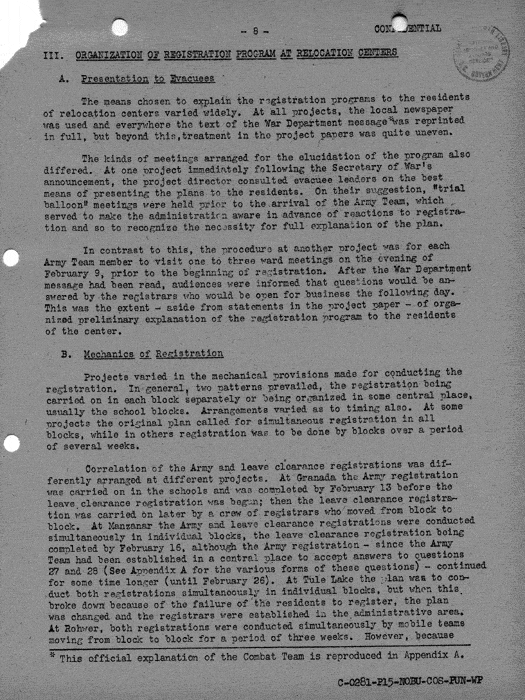 Report, Army and Leave Clearance Registration at War Relocation Centers, June 1943. Papers of Philleo Nash. 