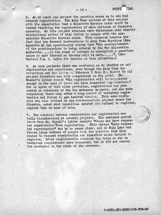 Report, Army and Leave Clearance Registration at War Relocation Centers, June 1943. Papers of Philleo Nash. 