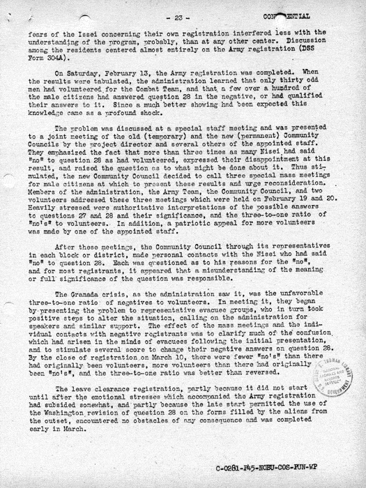 Report, Army and Leave Clearance Registration at War Relocation Centers, June 1943. Papers of Philleo Nash. 