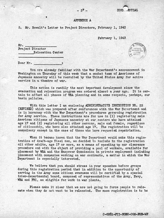 Report, Army and Leave Clearance Registration at War Relocation Centers, June 1943. Papers of Philleo Nash. 