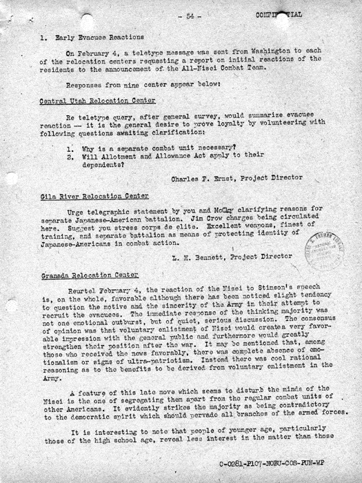 Report, Army and Leave Clearance Registration at War Relocation Centers, June 1943. Papers of Philleo Nash. 