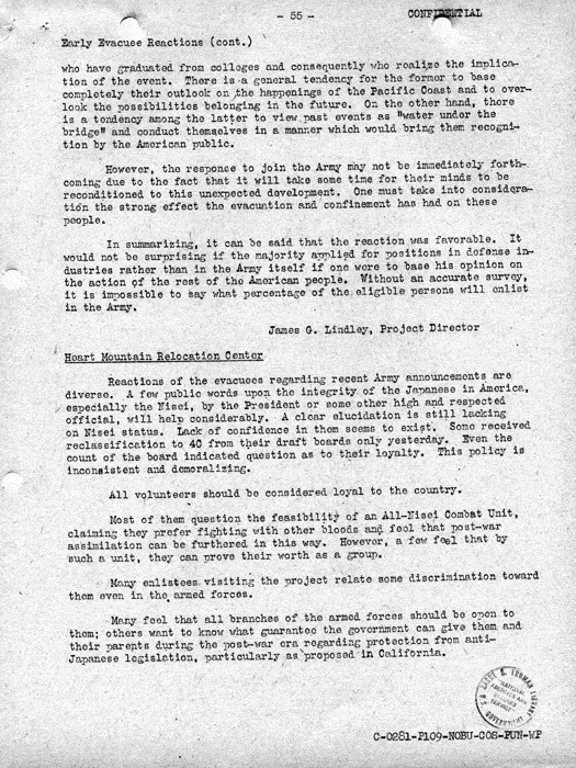 Report, Army and Leave Clearance Registration at War Relocation Centers, June 1943. Papers of Philleo Nash. 