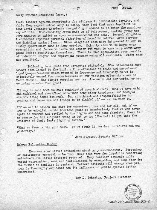 Report, Army and Leave Clearance Registration at War Relocation Centers, June 1943. Papers of Philleo Nash. 