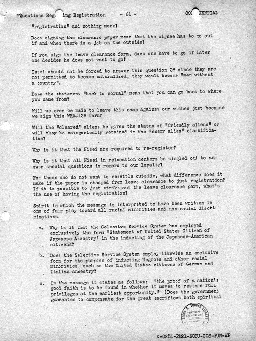 Report, Army and Leave Clearance Registration at War Relocation Centers, June 1943. Papers of Philleo Nash. 