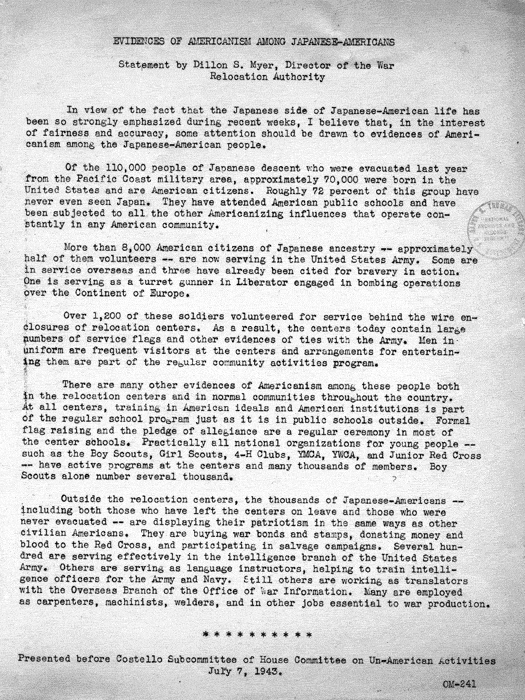 Speech, Evidences of Americanism Among Japanese-Americans, statement by Dillon S. Myer before a subcommittee of the House Committee on Un-American Activities, July 7, 1943. Papers of Dillon S. Myer.
