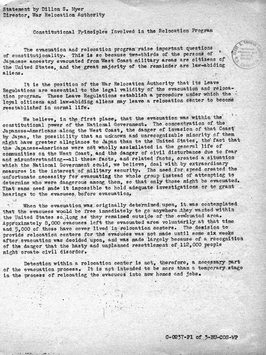 Speech, Constitutional Principles Involved in the Relocation Program, statement by Dillon S. Myer before a subcommittee of the House Committee on Un-American Activities, July 7, 1943. Papers of Dillon S. Myer. 