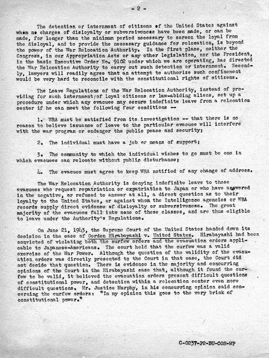 Speech, Constitutional Principles Involved in the Relocation Program, statement by Dillon S. Myer before a subcommittee of the House Committee on Un-American Activities, July 7, 1943. Papers of Dillon S. Myer. 