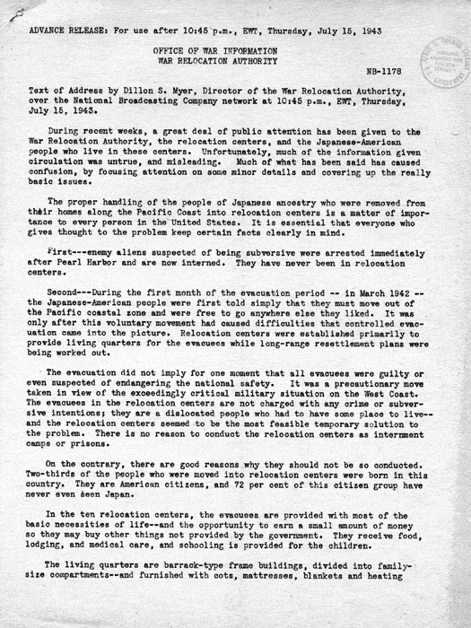 Speech by Dillon S. Myer over the National Broadcasting Company network, July 15, 1943. Papers of Dillon S. Myer. 
