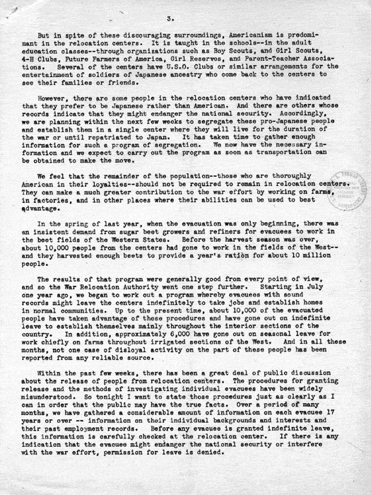 Speech by Dillon S. Myer over the National Broadcasting Company network, July 15, 1943. Papers of Dillon S. Myer. 