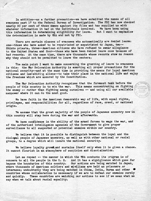 Speech by Dillon S. Myer over the National Broadcasting Company network, July 15, 1943. Papers of Dillon S. Myer. 