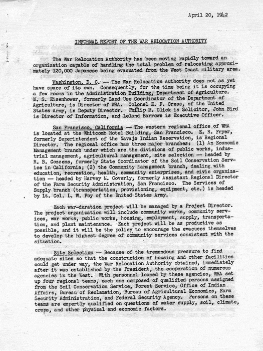 Memorandum, Milton. S. Eisenhower to Members of Congress, April 20, 1942; forwarding Informal Report of the War Relocation Authority. Papers of Harry S. Truman: Papers as U. S. Senator and Vice President of the United States.