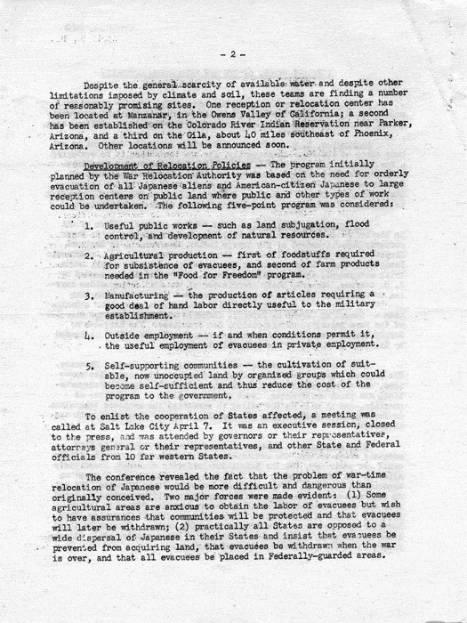 Memorandum, Milton. S. Eisenhower to Members of Congress, April 20, 1942; forwarding Informal Report of the War Relocation Authority. Papers of Harry S. Truman: Papers as U. S. Senator and Vice President of the United States.